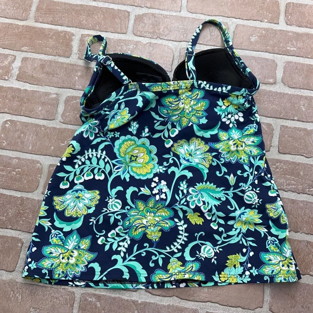 Lands End Tankini Top Women 30D/32C Blue‎ Green Floral Twist Underwire Pads Bra